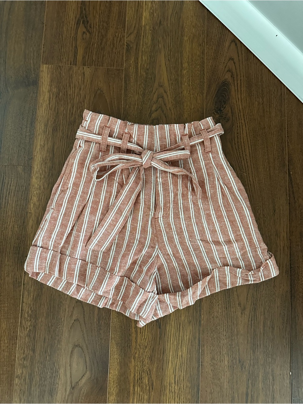 Abercrombie & Fitch Rust red white Striped High-Waist Paperbag Shorts